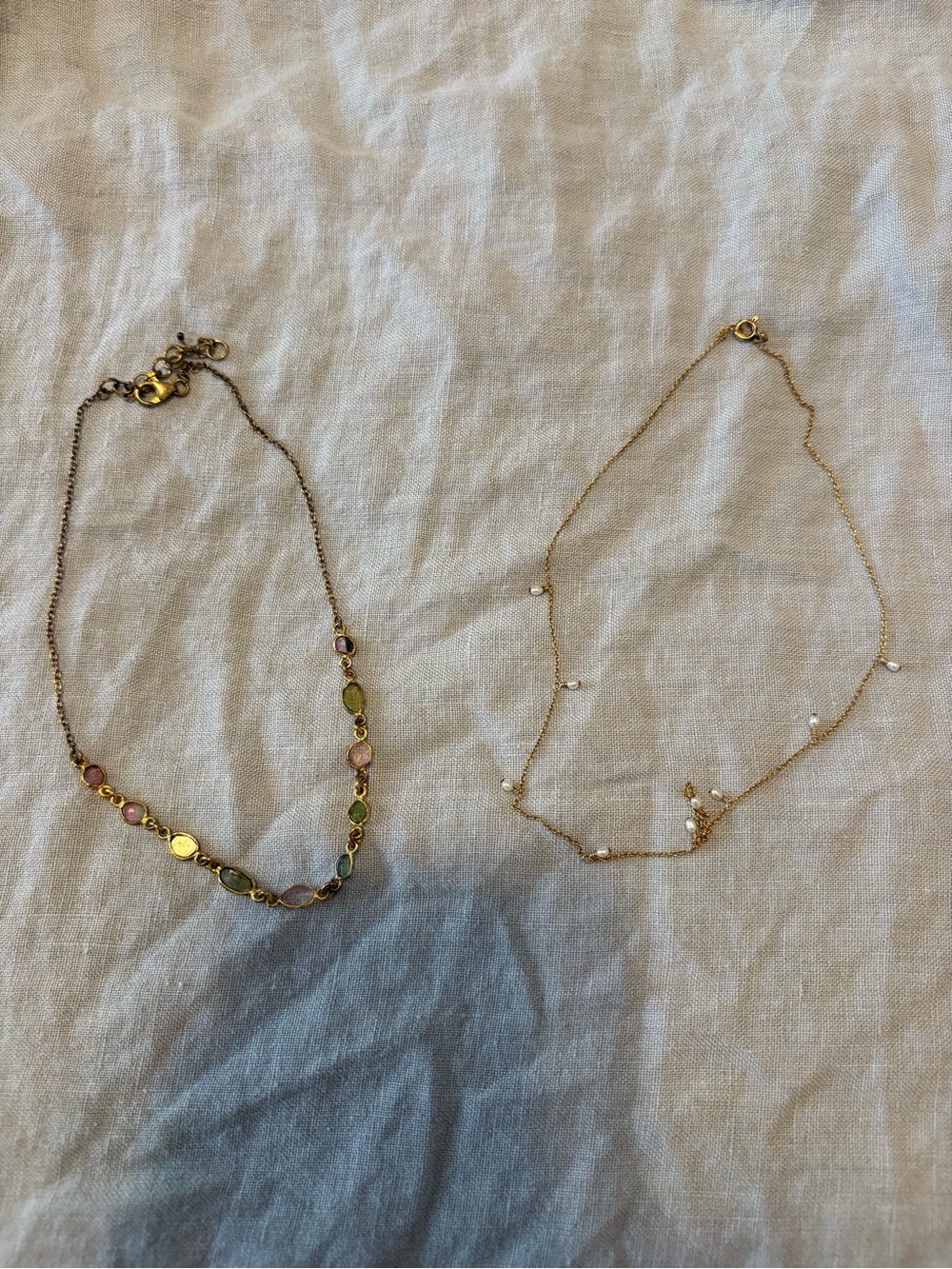 Set of 2 18k Gold Plated Gemstone and Tiny Freshwater Pearl Choker Necklaces